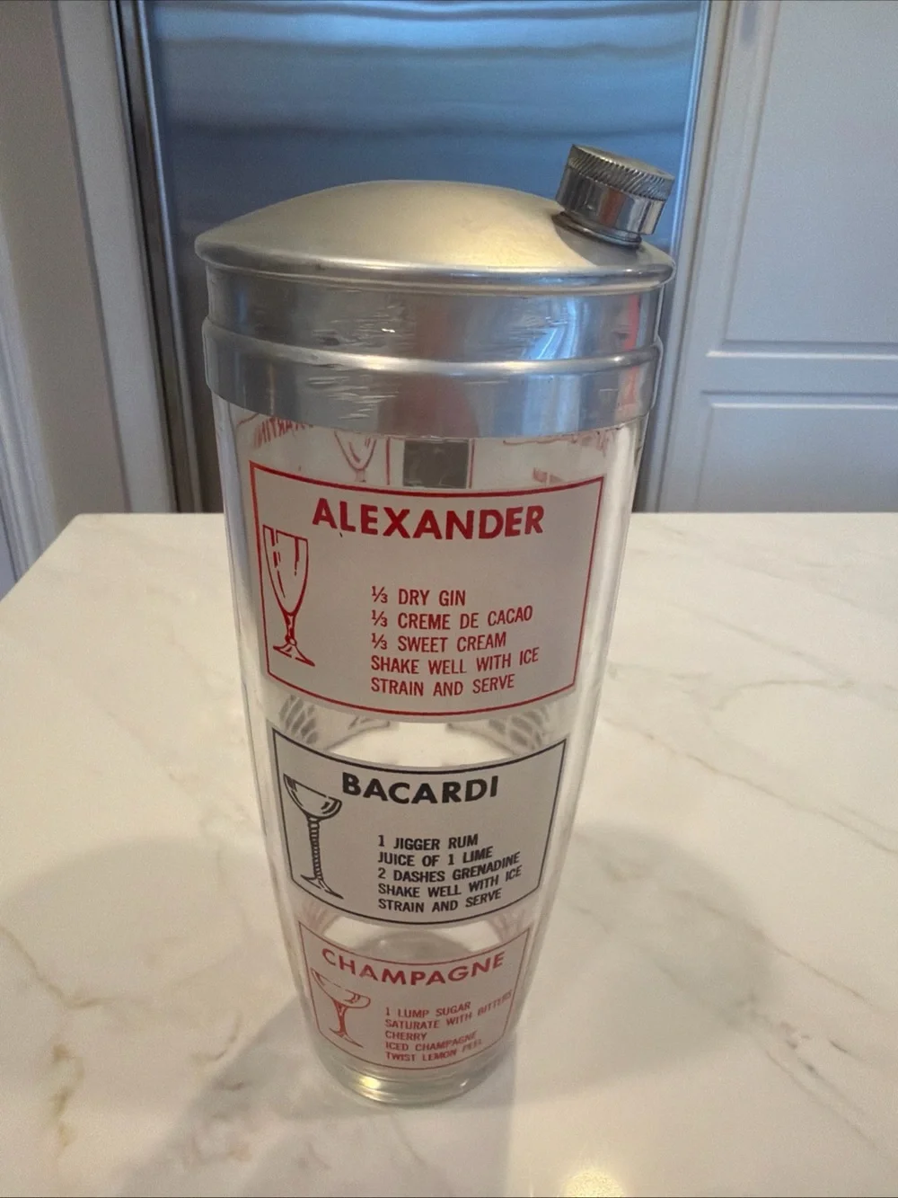 Vintage MCM Cocktail Shaker with Printed Recipe Panels Chrome Lid